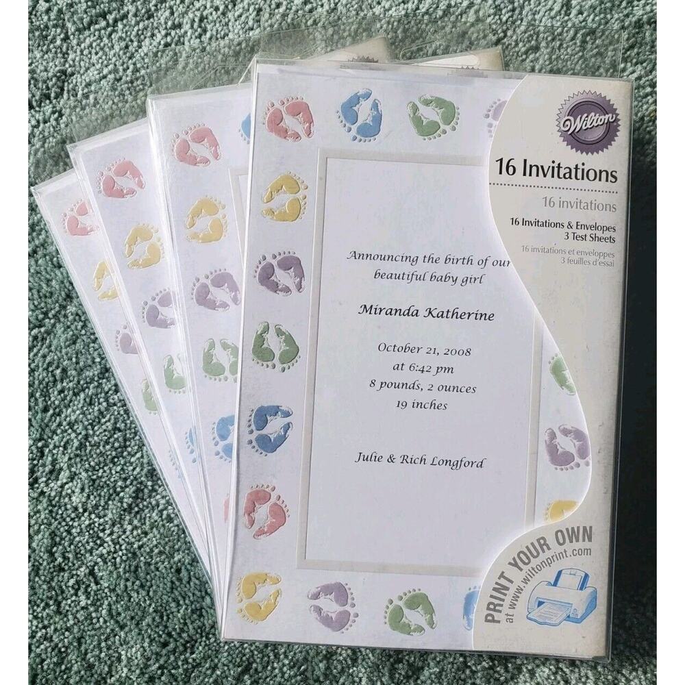 Wilton Printable Baby Feet Shower Announcement Invites / 4 packs of 16, 64 Total